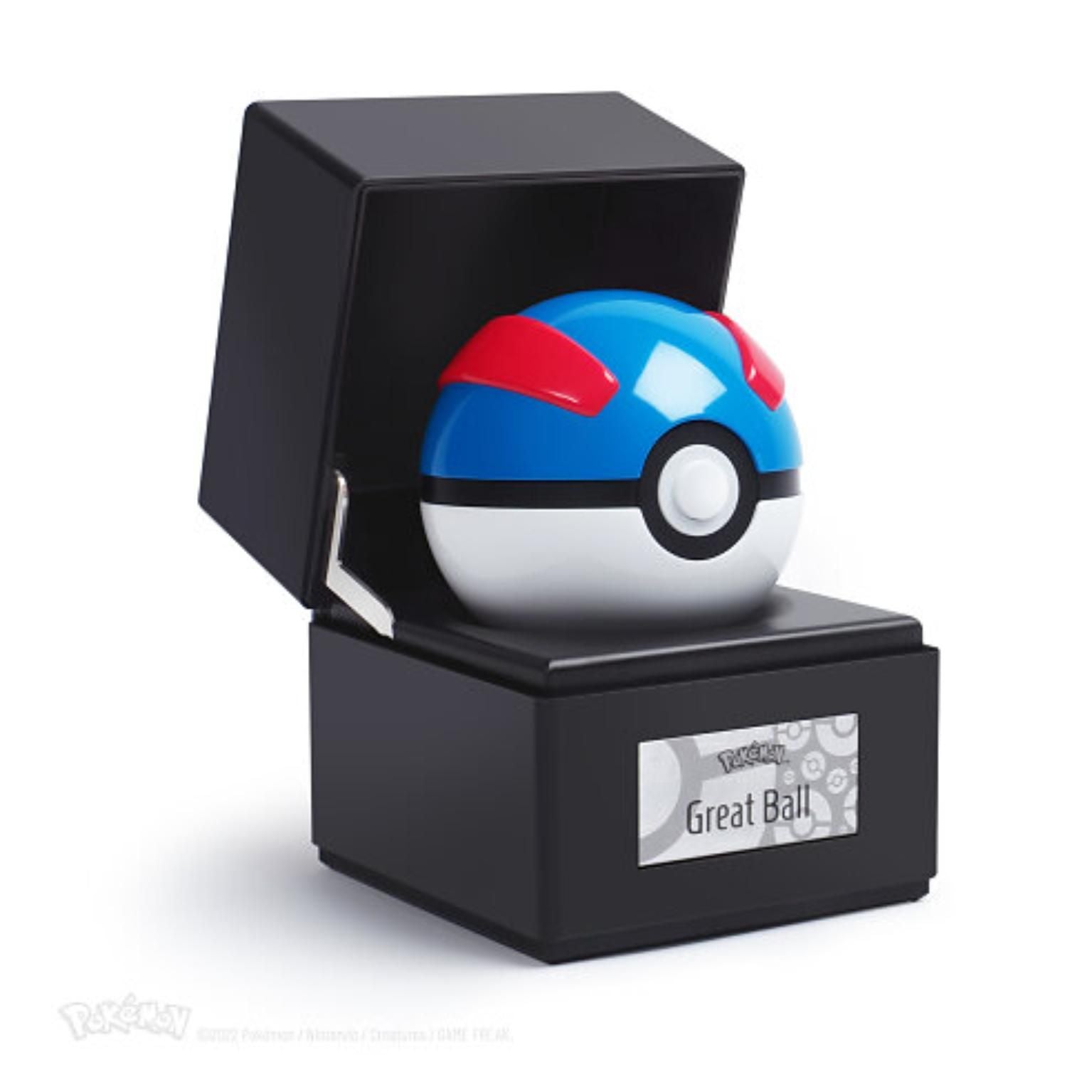 Great Ball replica resting in its open black display case with engraved Great Ball nameplate