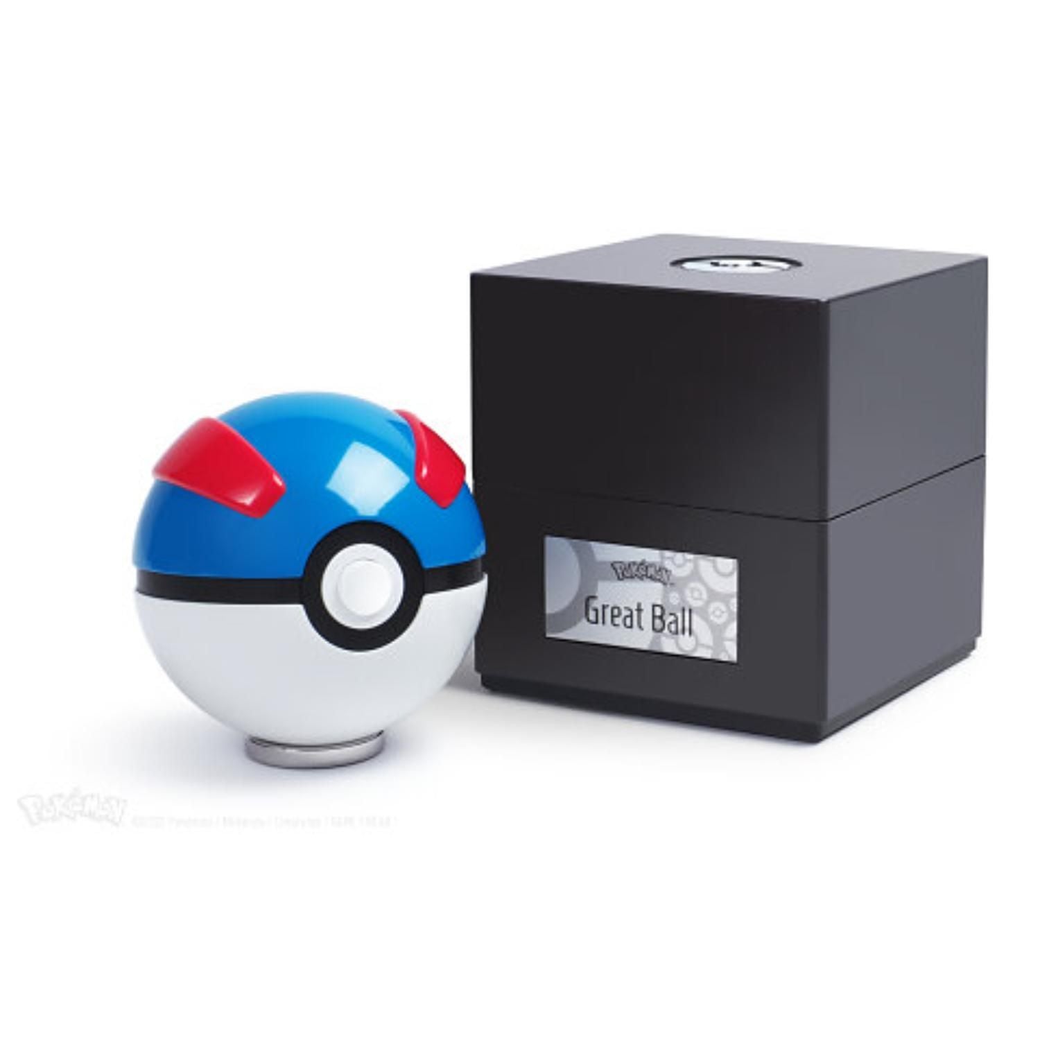 Great Ball replica on its display ring beside the closed Pokémon display case